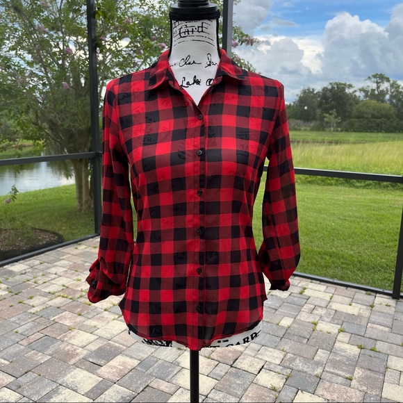 Deb Buffalo Plaid Open Drape Back Chiffon Button Up - Picture 1 of 4